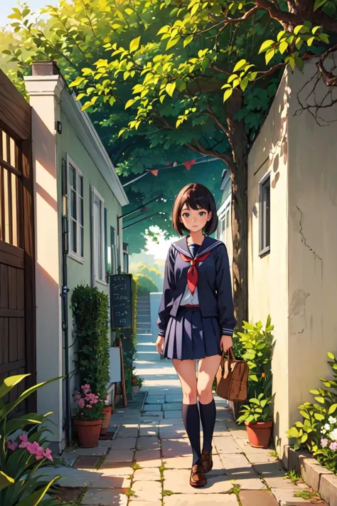 anime girl walking down a narrow alley with a bag and a purse