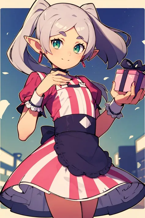 (masterpiece, best quality:1.2), solo,  beautiful eyes, smile, looking at viewer,   aafrie, long hair, white hair, twintails, pointy ears, earrings, green eyes, thick eyebrows, blush, box, closed mouth, commentary request, creatures (company), dress, earrings, eyelashes, game freak, gift, gift box,  holding, holding gift, jewelry, looking at viewer, nail polish, nintendo, pink dress, red shirt, shirt, short sleeves, waist apron, wrist cuffs