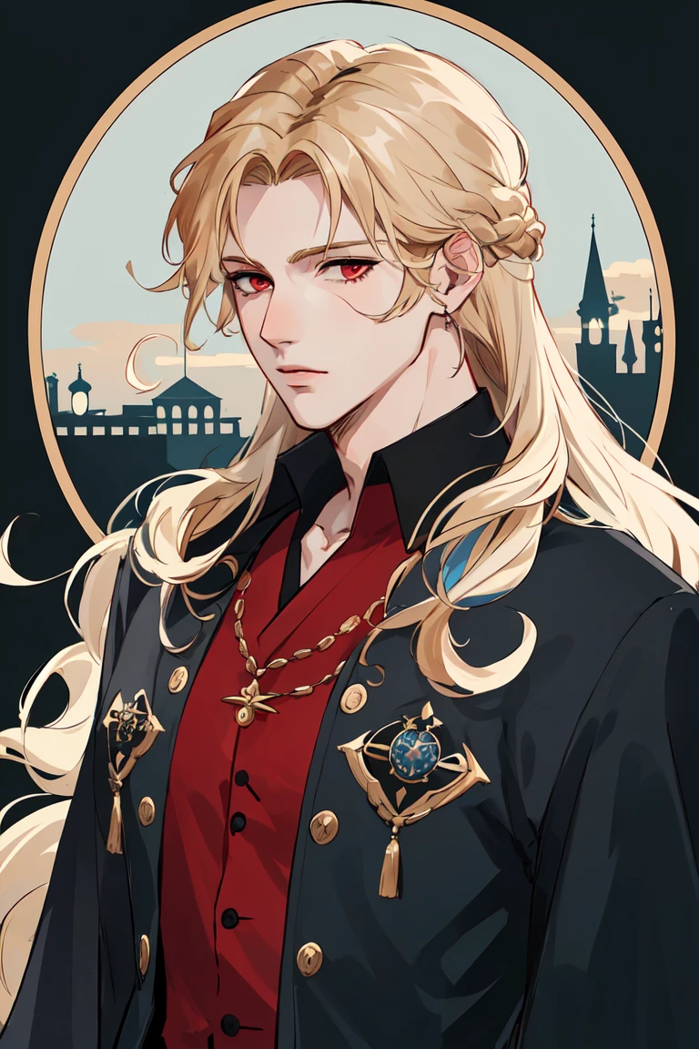((masterpiece:1.2, best quality)), 4k, 1man, adult, mature, handsome, wavy long blonde hair, red eyes, Wizard, Robe, Fantasy, magic, portrait, extremely detailed face, (muscle:1.4, broad shoulders:1.4, disciplined body)