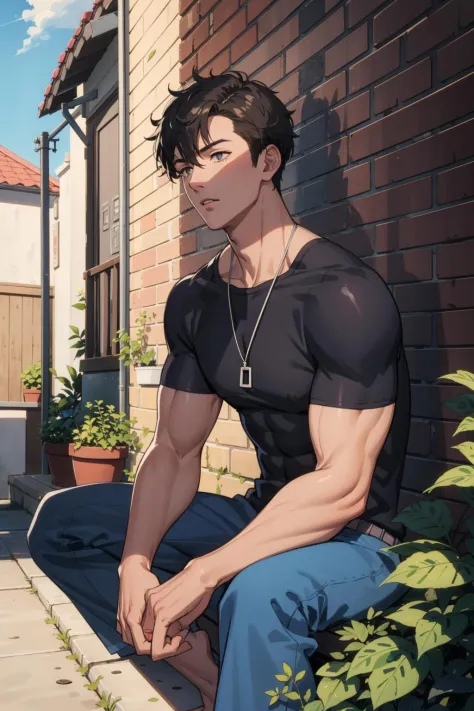 masterpiece, best quality, 1 male, handsome, tall muscular guy, very short hair, best ratio four finger and one thumb, best light and shadow, background is back alley, detasiled sunlight, sitting, Little cats are gathered next to him, dappled sunlight, day, depth of field, plants, summer