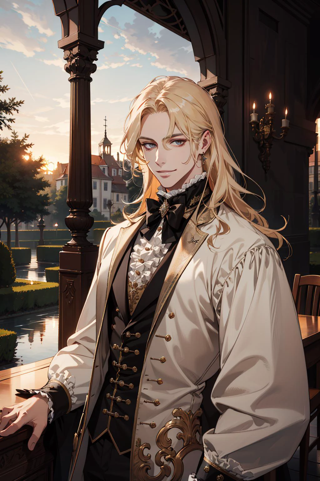 (absurdres, highres, ultra detailed), 1 male, adult, handsome, tall muscular guy, broad shoulders, finely detailed eyes and detailed face, long blond hair, large 18th-century baroque mansion, garden, nobleman, aristocratic, elegant, neat, graceful, sunset, scenery, smile