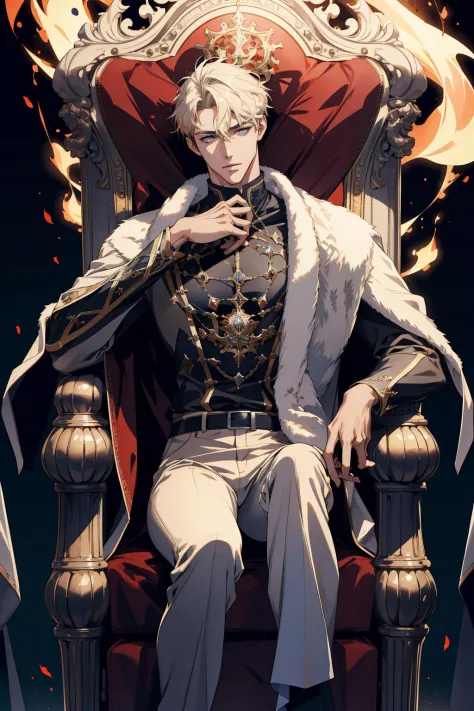 (absurdres, highres, ultra detailed), 1 male, adult, handsome, tall muscular guy, broad shoulders, finely detailed eyes and detailed face, light color hair, fantasy, magnificent background, throne, magic effect, flame
