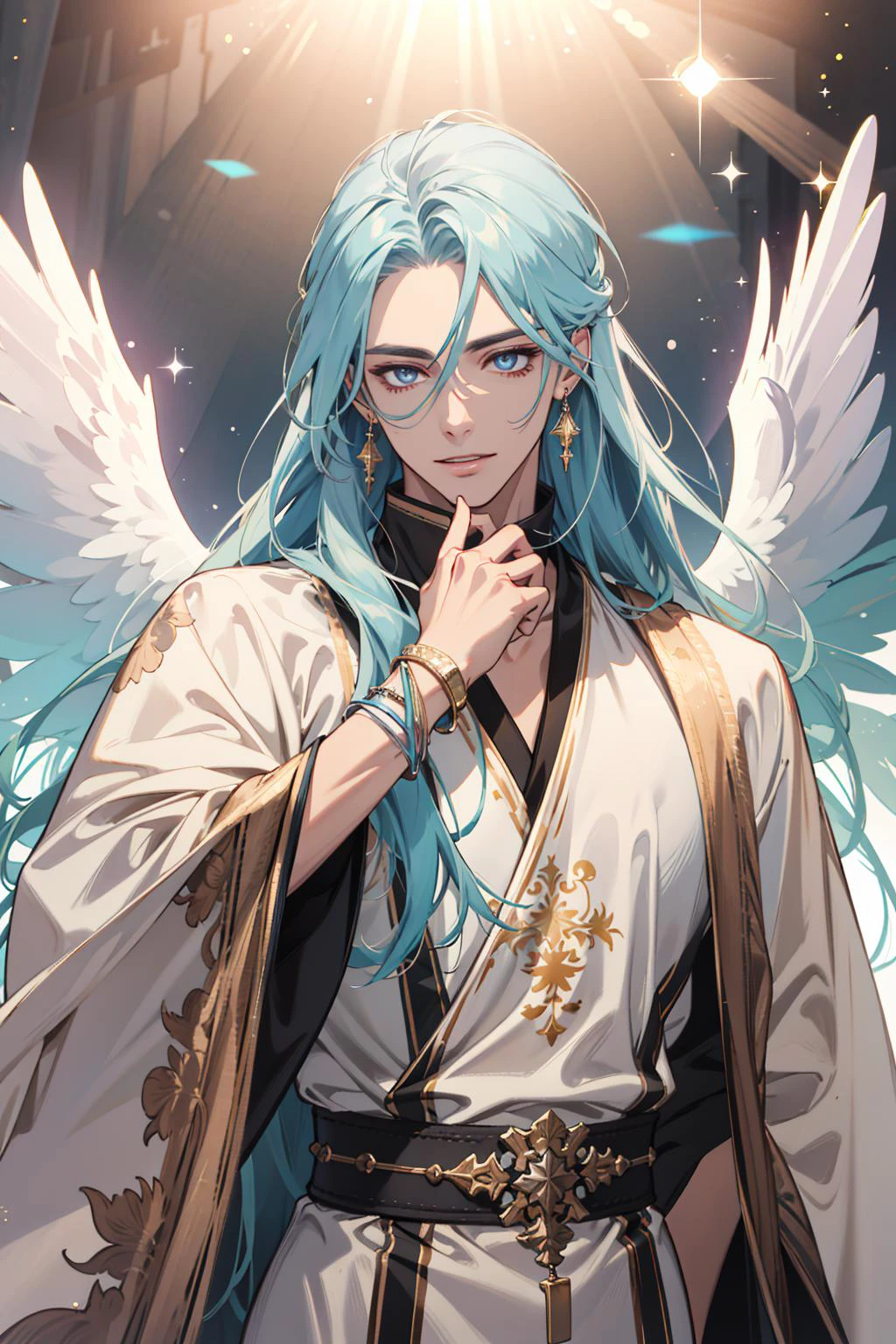 (absurdres, highres, ultra detailed), 1 male, adult, handsome, tall muscular guy, broad shoulders, finely detailed eyes and detailed face, pastel color long hair, fantasy, complex pattern, detailed face, angel wings, lens flare, colorful, glow white particles, white robe, gold bracelets and accessories, prism, glowing, glitter, particles, bloom, likes to celebrate and have fun, enjoys nature, bright and optimistic outlook, creative and adventurous spirit, represents happiness and harmony