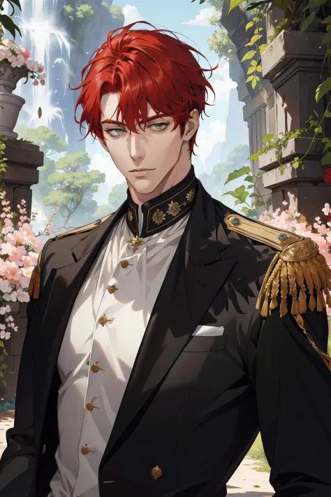 (absurdres, highres, ultra detailed), 1 male, adult, handsome, tall muscular guy, broad shoulders, finely detailed eyes and detailed face, red hair, green eyes, handsome, suit, fantasy, uniform, royal, Forest, flowers blooming brightly-bloomed flowers, Sunlight, Fantastic light and shadow, Scenery, portrait