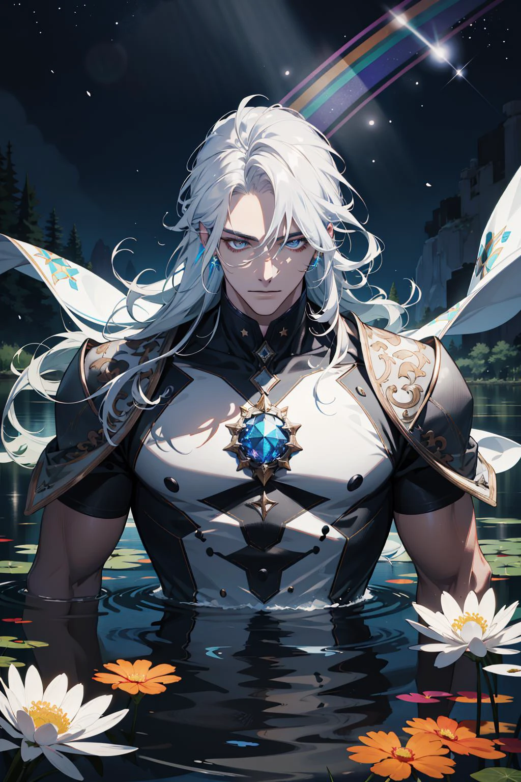 (absurdres, highres, ultra detailed), 1 male, adult, handsome, tall muscular guy, broad shoulders, finely detailed eyes and detailed face, long hair, He floats on the water in a comfortable posture, a pond full of flowers, prism, many sparkling dust, glittering star, rainbow lights, Shining white particles, lens flare, colorful