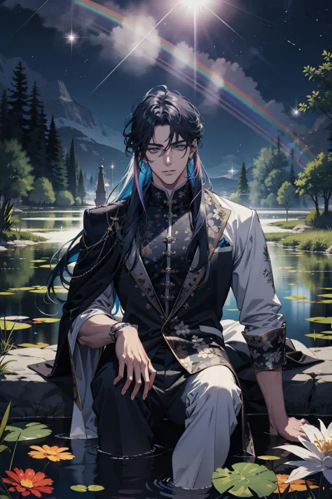 (absurdres, highres, ultra detailed), 1 male, adult, handsome, tall muscular guy, broad shoulders, finely detailed eyes and detailed face, long hair, He floats on the water in a comfortable posture, a pond full of flowers, prism, many sparkling dust, glittering star, rainbow lights, Shining white particles, lens flare, colorful