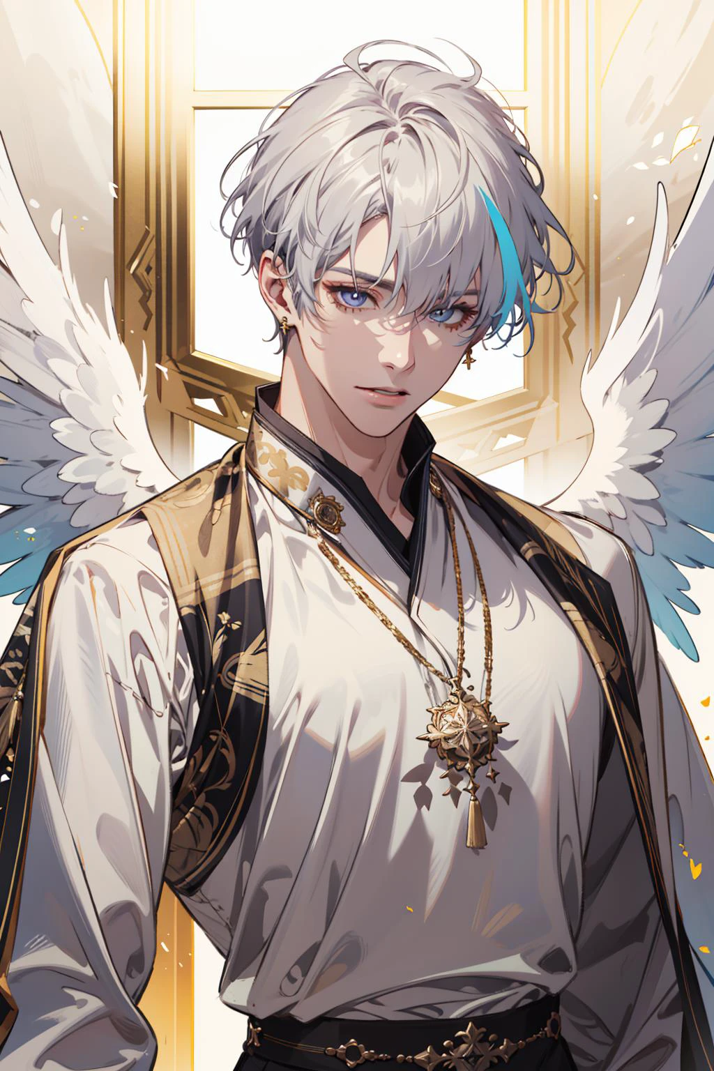 (absurdres, highres, ultra detailed), 1 male, adult, handsome, tall muscular guy, broad shoulders, finely detailed eyes and detailed face, pastel color short hair, fantasy, complex pattern, detailed face, angel wings, lens flare, colorful, glow white particles, white robe, gold bracelets and accessories, prism, glowing, glitter, particles, bloom, likes to celebrate and have fun, enjoys nature, bright and optimistic outlook, creative and adventurous spirit, represents happiness and harmony