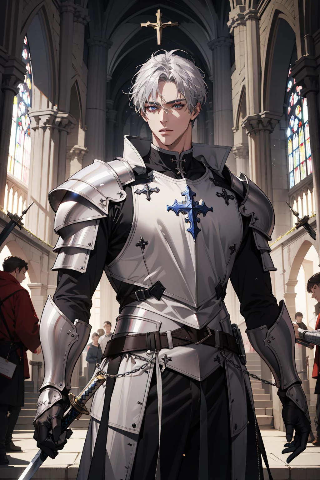 (absurdres, highres, ultra detailed), 1 male, adult, handsome, tall muscular guy, broad shoulders, finely detailed eyes and detailed face, short silver hair, knight, armor, large sword, holy, cathedral, religious, sublime, battleground