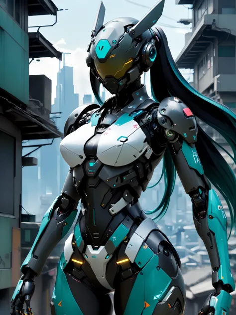 a close up of a robot with long hair and a sword