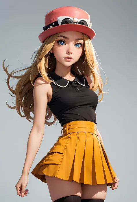 a close up of a doll wearing a skirt and a hat