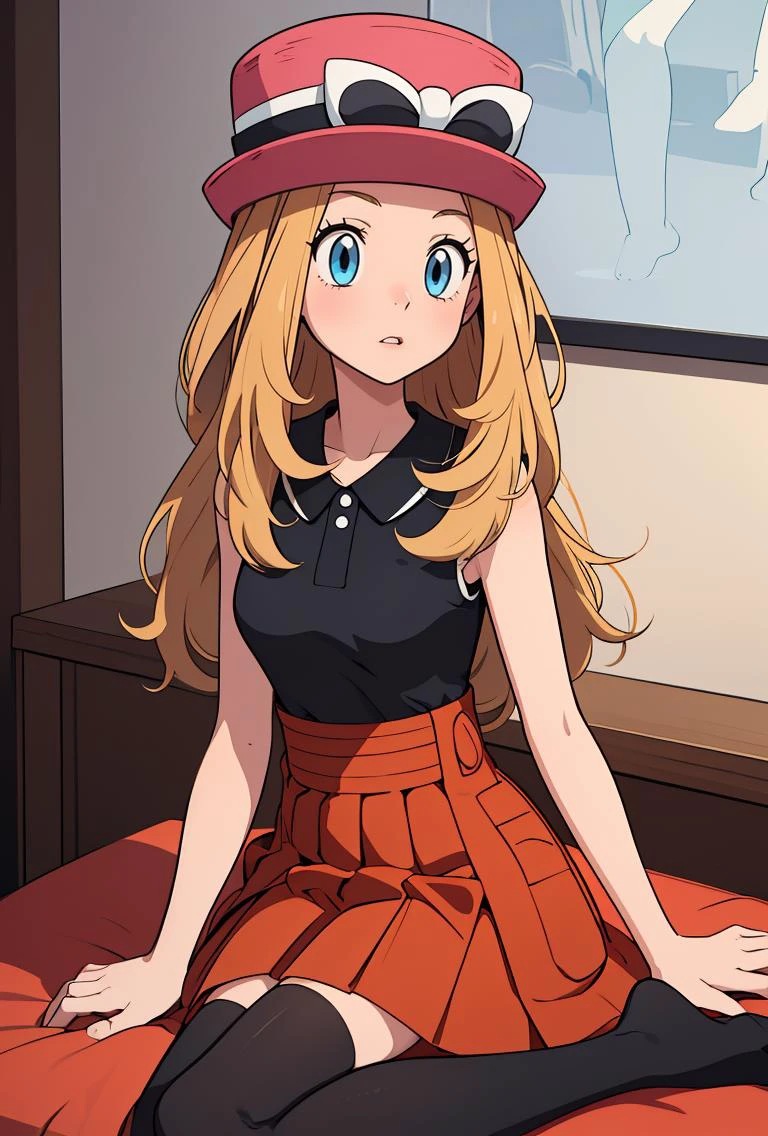 (masterpiece, best quality), 1girl,     pkmnserena, 1girl, solo, blue eyes, blonde hair, long hair, low-tied long hair, hat, pink headwear,, black shirt, collared shirt, sleeveless, red skirt, high-waist skirt, pleated skirt, black thighhighs,