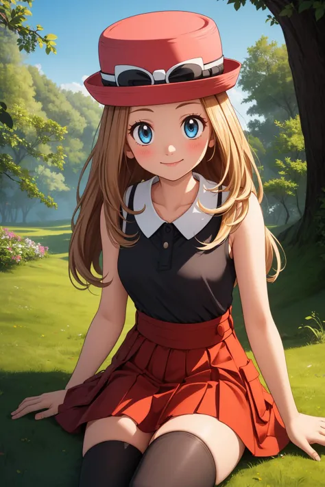 pkmnserena, 1girl, solo, blue eyes, blonde hair, long hair, low-tied long hair, hat, pink headwear,
black shirt, collared shirt,...