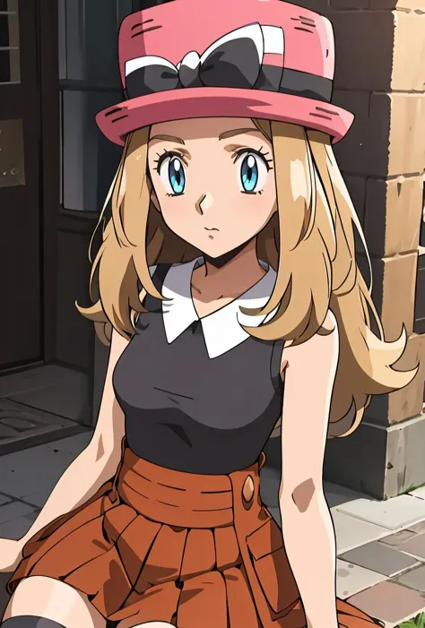 (masterpiece, best quality), 1girl,     <lora:PKMN_Serena_Gen6_v1:0.8> pkmnserena, 1girl, solo, blue eyes, blonde hair, long hair, low-tied long hair, hat, pink headwear,, black shirt, collared shirt, sleeveless, red skirt, high-waist skirt, pleated skirt, black thighhighs,