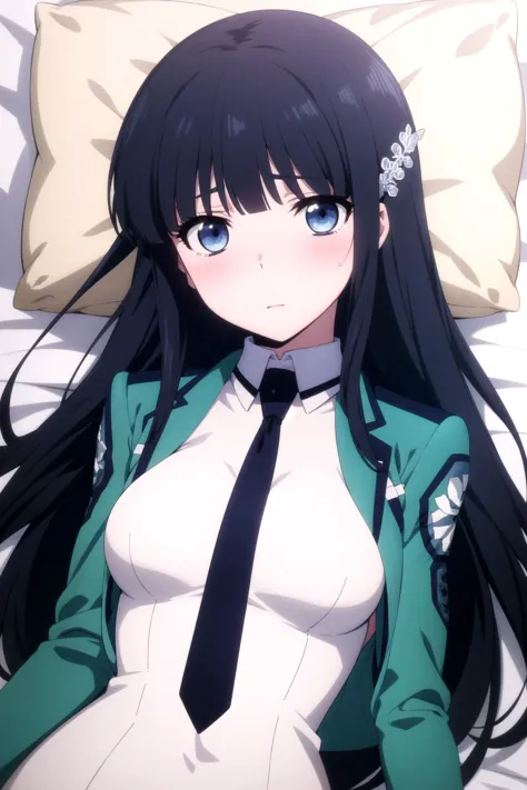 1girl, solo, masterpiece, best quality, 
<lora:miyuki-mahouka:0.8>,
mahouka koukou no rettousei, miyuki shiba, shiba miyuki, black eyes, blue eyes, tsurime, eyelashes, black hair, long hair, hime cut, straight hair, blunt bangs, blunt ends, sidelocks, hair ornament, snowflake hair ornament, first high school uniform, dress, white dress, collared dress, pencil dress, necktie, black necktie, short necktie, jacket, green jacket, cropped jacket, open jacket, long sleeves, large breasts,
upper body, lying, looking at viewer, on back, on bed,
blush, nose blush, nervous,
bed sheet, pillow