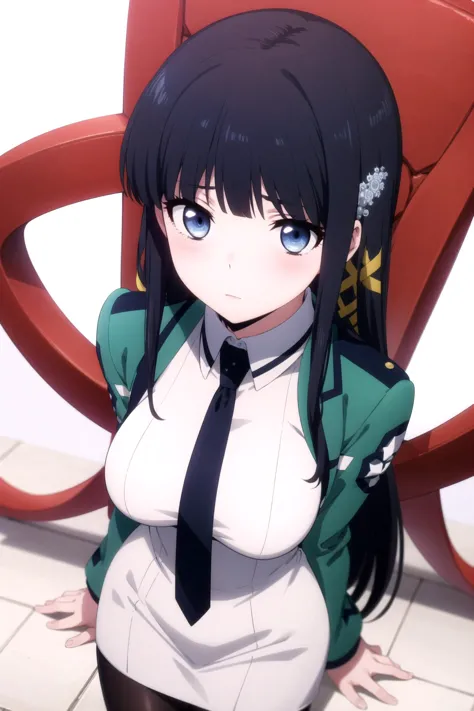 1girl, solo, masterpiece, best quality, 
mahouka koukou no rettousei, miyuki shiba, shiba miyuki, black eyes, blue eyes, tsurime, eyelashes, black hair, long hair, hime cut, straight hair, blunt bangs, blunt ends, sidelocks, hair ornament, snowflake hair ornament, first high school uniform, dress, white dress, collared dress, pencil dress, necktie, black necktie, short necktie, jacket, green jacket, cropped jacket, open jacket, long sleeves, large breasts, pantyhose, breasts,
cowboy shot, leaning forward, v arms, from above, looking up, looking at viewer,
blush, expressionless,
simple background, white background, heart background, heart, spoken heart