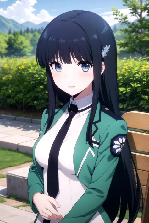 1girl, solo, masterpiece, best quality, 
<lora:miyuki-mahouka:0.8>,
mahouka koukou no rettousei, miyuki shiba, shiba miyuki, black eyes, blue eyes, tsurime, eyelashes, black hair, long hair, hime cut, straight hair, blunt bangs, blunt ends, sidelocks, hair ornament, snowflake hair ornament, first high school uniform, dress, white dress, collared dress, pencil dress, necktie, black necktie, short necktie, jacket, green jacket, cropped jacket, open jacket, long sleeves, large breasts,
,
upper body, looking at viewer,
blush, smile, parted lips,
outdoors, garden