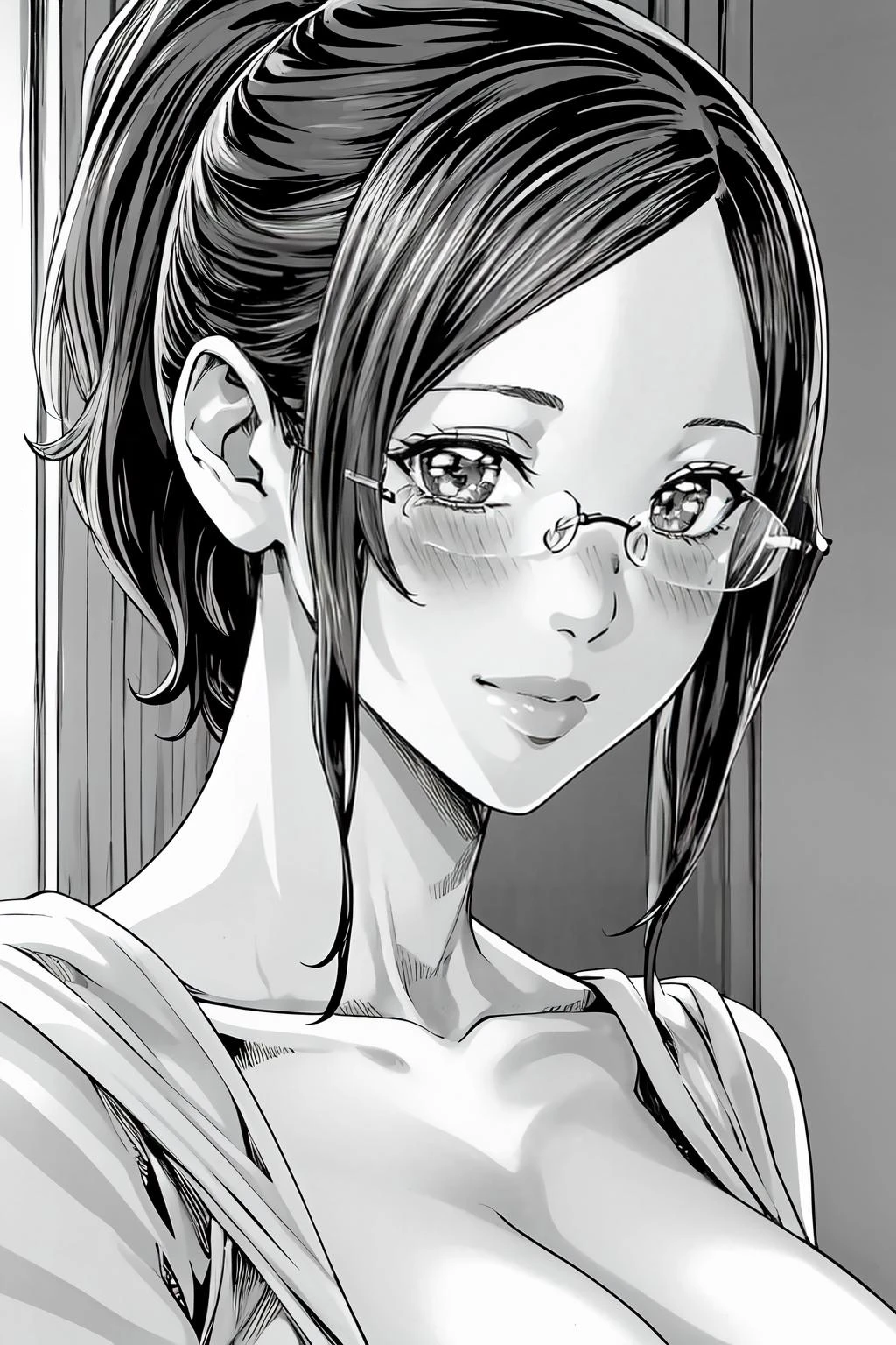 (masterpiece, best quality:1.2), highres, (greyscale, monochrome:1.2), 1girl, solo, blush, seductive smile,
Kayoko_Hoshi, mature female, short hair, ponytail, bangs, sidelocks, glasses, rimless eyewear, large breasts, lips,
portrait, upper body, looking at viewer, facing viewer, head on,
indoors, 
