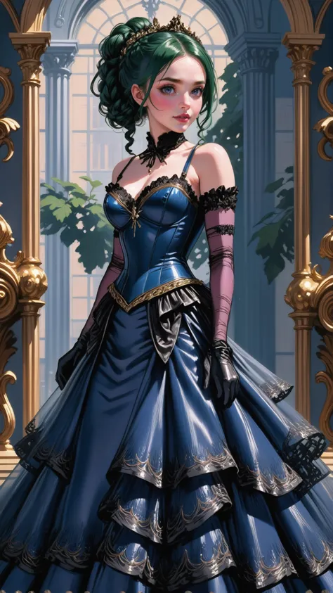 1girl, woman, anime style, green hair, french braids, corset, sexy glimmering deep color:blueviolet victorian ballroom dress, blush, naughty smile, mouth closed, hourglass figure<lora:EnvyBetterHiresFixXL01:0@0,0@.49,1@.5:hr=1><lora:EnvyBallroomDressXL02:1>