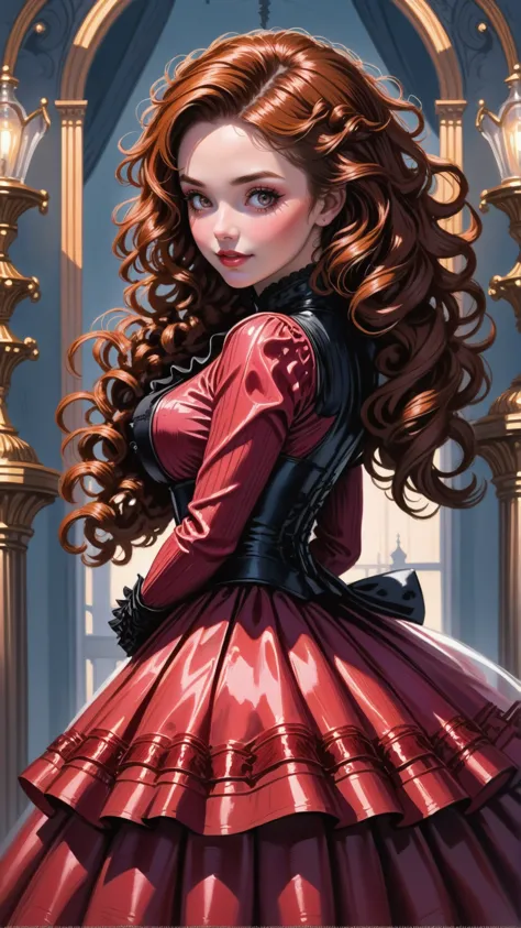 1girl, woman, brown hair with copper highlights, bombshell curly hair, fancy reflective color:coral victorian ballroom dress, blush, naughty smile, mouth closed, hourglass figure<lora:EnvyBetterHiresFixXL01:0@0,0@.49,1@.5:hr=1><lora:EnvyBallroomDressXL02:1>