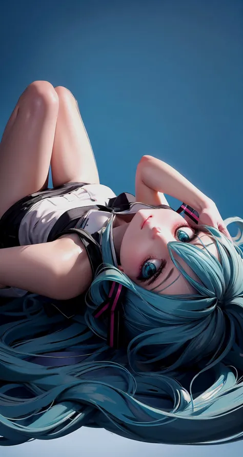 1girl, solo, simple background, <lora:æ¦å¿µ-é¢ åä»°èººupside-down:1>, upside-down, hatsune miku, (blue background:1.2), hair ...