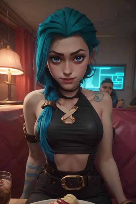 sexy, (detailed eyes), (detailed face), beautiful lady, (pov sitting across table:1.1), looking at viewer, sexy verdant dress, skin tight red, dress, blush, (naughty) (naughty smile:0.9), (smiling:0.9)
(mystical tattoo:0.9), (neck tattoo), ((narrow waist)), skinny, thin, (fit body:1.1), (perfect proportions:0.8), (perfect anatomy:0.8), red lipstick, (blue eyes:0.8), 
(cowboy shot:1.1),
(shiny skin), 
BREAK,
20 yo woman  <lora:Arcane_jinx-v4:1> j1nx101, 1girl, small boobs, small breasts, flat chested, (blue crop top:0.8),  blue hair, 
BREAK,
good hands, detailed hands, anatomical hands,
(beautiful composition:1.1), masterpiece, fantasy, sexy, petite, soft glow, polished, clean image, <lora:epi_noiseoffset2:1> gorgeous, stunning, triadic colors, high contrast, Vivid color, dark,
<lora:CONCEPT_pov_dating_ownwaifu:1> (concept_pov_dating_ownwaifu:1.1), www.ownwaifu.com, 1girl, solo, looking at viewer, breasts, sitting at table <lora:more_details:0.2>, perfect teeth, overlooking beautiful tropical island beach view, (volumetric lighting), (dynamic lighiting), godrays, Rembrandt lighting, real shadows, intricate detail, photorealistic, photograph, photo, dlsr, Fuji Film, extremely high detail, detailed skin texture, (blush:0.2), (goosebumps:0.3), subsurface scattering