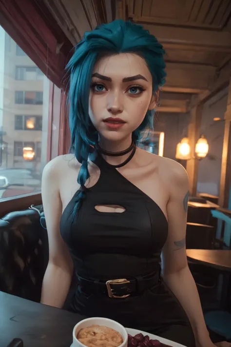 sexy, (detailed eyes), (detailed face), beautiful lady, (pov sitting across table:1.1), looking at viewer, sexy verdant dress, skin tight red, dress, blush, (naughty) (naughty smile:0.9), (smiling:0.9)
(mystical tattoo:0.9), (neck tattoo), ((narrow waist)), skinny, thin, (fit body:1.1), (perfect proportions:0.8), (perfect anatomy:0.8), red lipstick, (blue eyes:0.8), 
(cowboy shot:1.1),
(shiny skin), 
BREAK,
20 yo woman  <lora:Arcane_jinx-v4:1> j1nx101, 1girl, small boobs, small breasts, flat chested, (blue crop top:0.8),  blue hair, 
BREAK,
good hands, detailed hands, anatomical hands,
(beautiful composition:1.1), masterpiece, fantasy, sexy, petite, soft glow, polished, clean image, <lora:epi_noiseoffset2:1> gorgeous, stunning, triadic colors, high contrast, Vivid color, dark,
<lora:CONCEPT_pov_dating_ownwaifu:1> (concept_pov_dating_ownwaifu:1.1), www.ownwaifu.com, 1girl, solo, looking at viewer, breasts, sitting at table <lora:more_details:0.2>, perfect teeth, overlooking beautiful tropical island beach view, (volumetric lighting), (dynamic lighiting), godrays, Rembrandt lighting, real shadows, intricate detail, photorealistic, photograph, photo, dlsr, Fuji Film, extremely high detail, detailed skin texture, (blush:0.2), (goosebumps:0.3), subsurface scattering