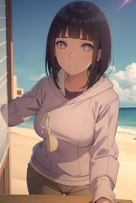 anime girl standing on a beach with a window open