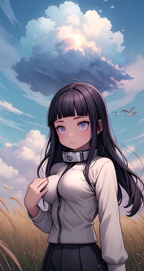 anime girl with long hair and a white shirt standing in a field