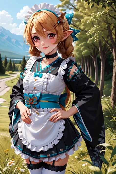 (masterpiece, best quality),  intricate details,
1girl,    <lora:sppomuRainpuff-10:0.8>pomu2st, hair bow, butterfly hair ornament, black choker, maid headdress, wa maid, black kimono, maid apron, checkered sash, frills, white thighhighs, 
outdoors,  mountain, cliffs, grass, stony, 
hands on hips, smug,  sweating,