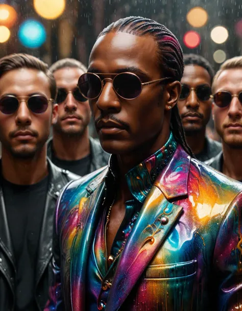 a close up of a group of men in colorful suits and sunglasses