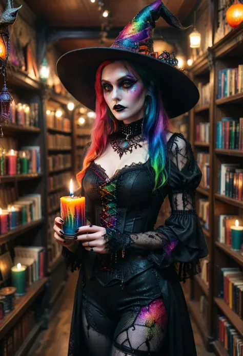 a woman in a witch costume holding a candle in a library