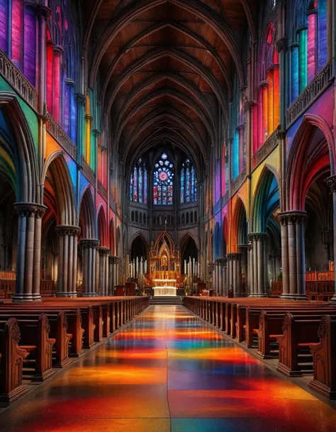 a close up of a church with a rainbow colored floor