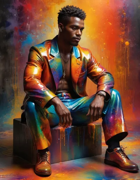 a painting of a man sitting on a suitcase with a colorful suit