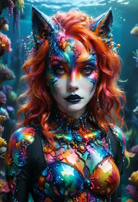 a woman with colorful makeup and body art in a underwater scene