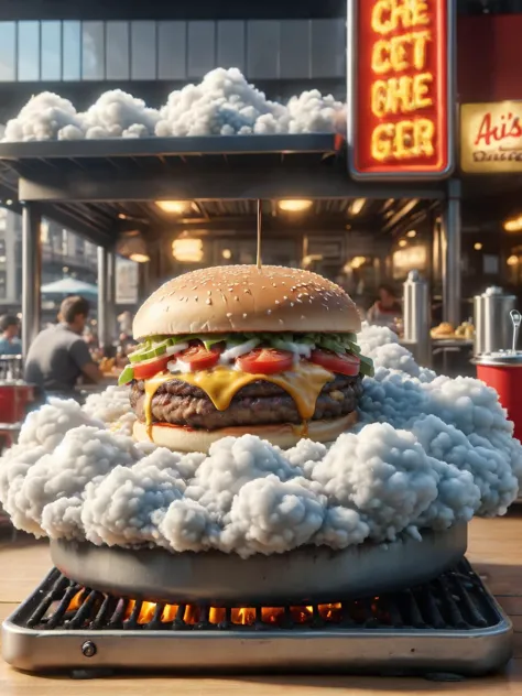 a close up of a hamburger on a grill with smoke coming out of it