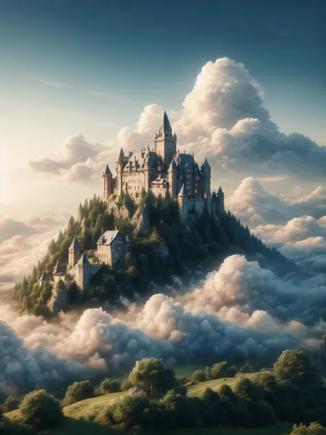 a close up of a castle on a hill with clouds