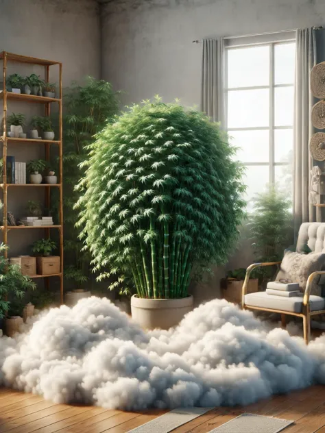 a large plant in a room with a lot of fluffy white clouds