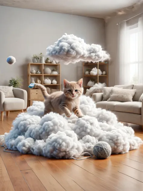 there is a cat that is sitting on a pile of fluffy clouds