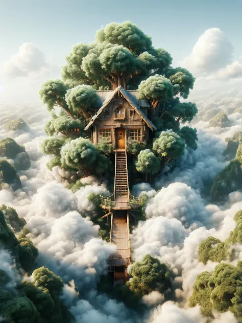 a tree house in the clouds above a forest