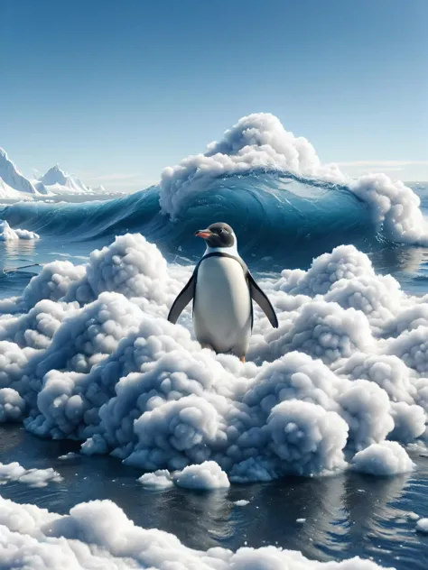 penguin standing on ice floesing in the ocean with a wave in the background