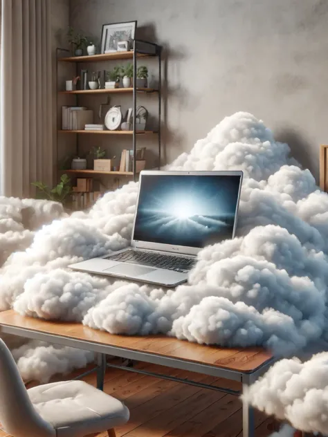 there is a laptop computer sitting on a desk covered in clouds