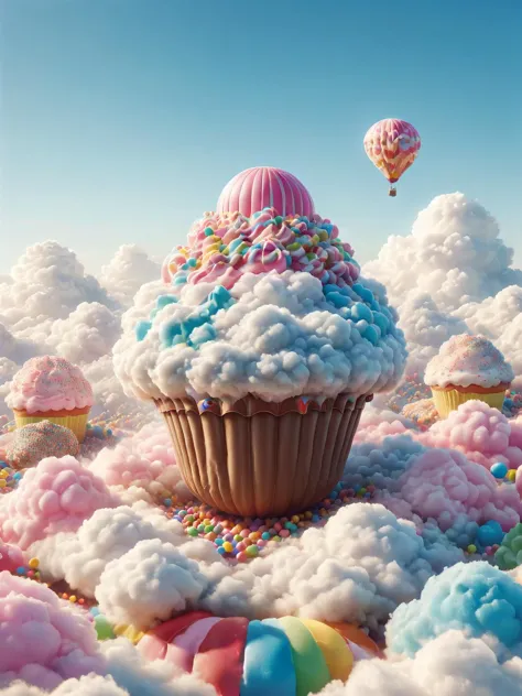 a close up of a cupcake with sprinkles and clouds