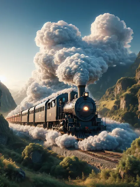 ais-cloudz classic locomotive train chugging through a mountainous landscape at dawn <lora:Cloudz_Style_SDXL:1>