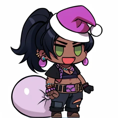 <lora:padoru_meme:1> padoru meme, 1girl,white background,<lora:Amara:0.7>,Amara, short black hair,(dark skin), toned , blue left arm tattoo, AmaClot,right fingerless glove,ear piercing,earrings,midriff ,crop top,torn clothes ,vest,bracelet,pants,boots,necklace,belt, santa hat, :d,> <,holding sack