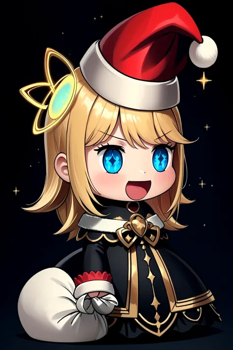 (masterpiece, best quality:1.5),upper body,solo,(gold trim:1.3),(detailed eyes:1.3),(intricate details:1.2),sparkles,(dark background:1.4),(bioluminescence:1.2),<lora:padoru_meme:0.8>, padoru meme,holding sack,chibi,:d,santa hat,