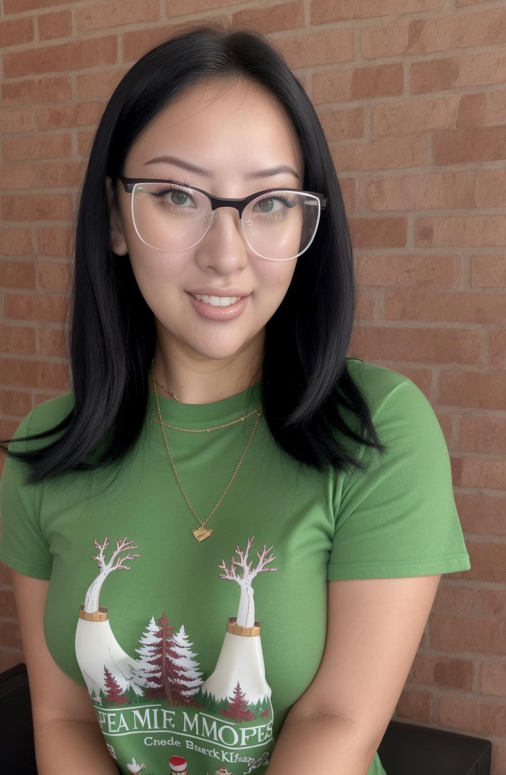 A close up of a woman wearing glasses and a green shirt - SeaArt AI