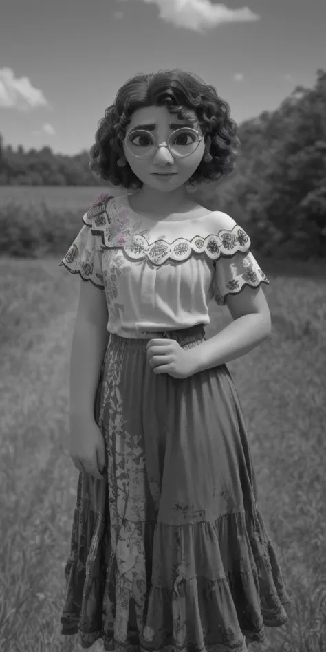 (human-counterpart, old-worn-out-monochrome-vintage-photo-style, 1945-era-during-war) young-adult-woman, countryside, summer, mirabel madrigal, green glasses