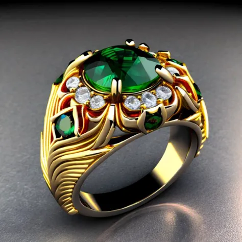 a close up of a ring with a green stone surrounded by diamonds