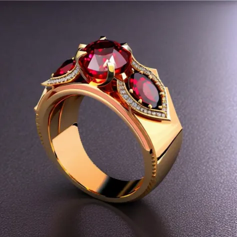 a close up of a ring with a red stone and diamonds