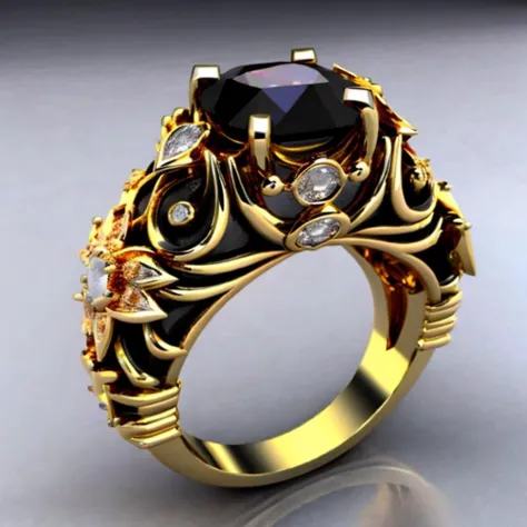 a close up of a ring with a black diamond and gold accents